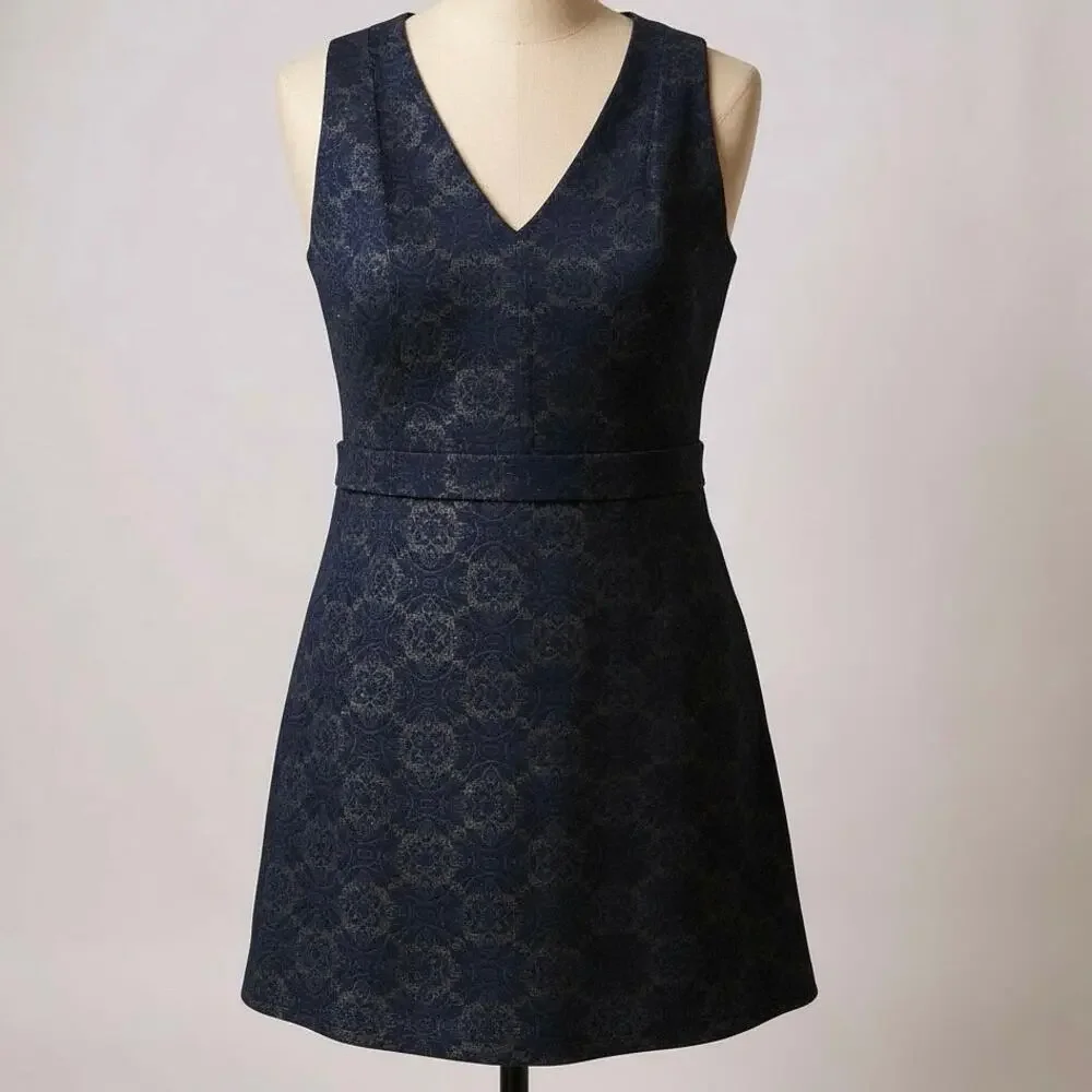 NWT Michael Kors Navy Gold Brocade Sleeveless V-Neck Dress Size Small